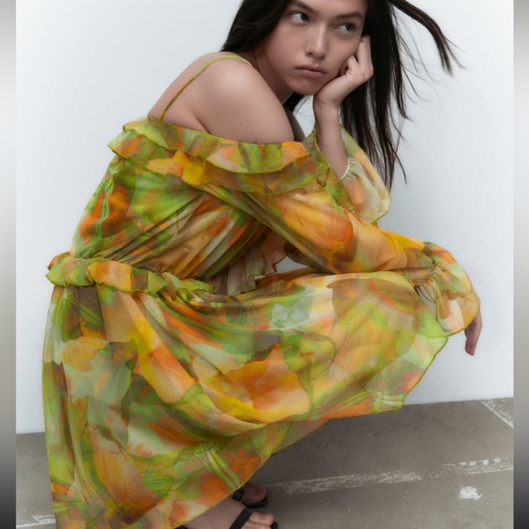 NWT Zara Printed Tulle Dress Green & Yellow - Picture 4 of 11